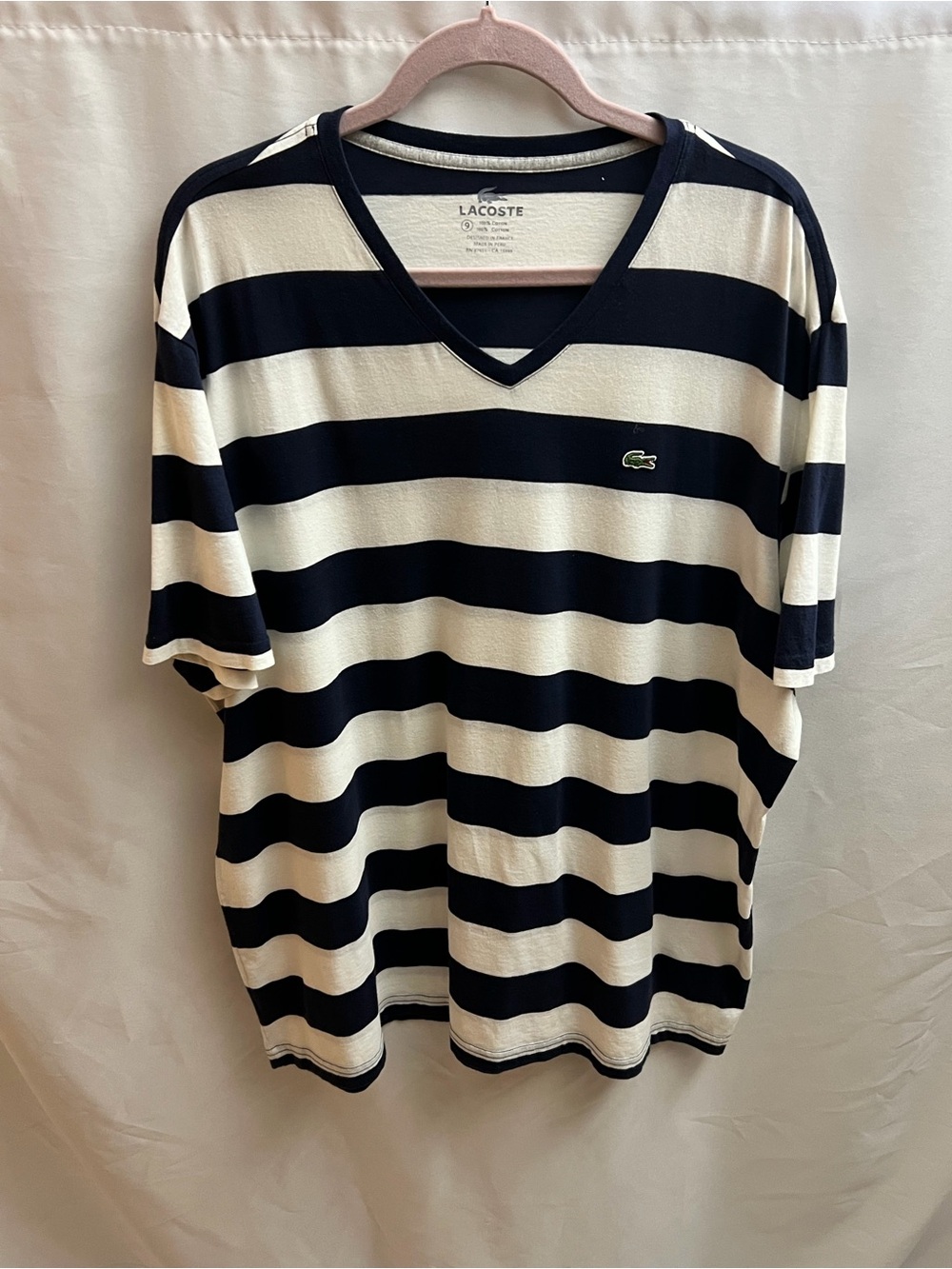 Lacoste Men’s 3XL Size 9 Navy White Striped V-Neck Cotton T-Shirt